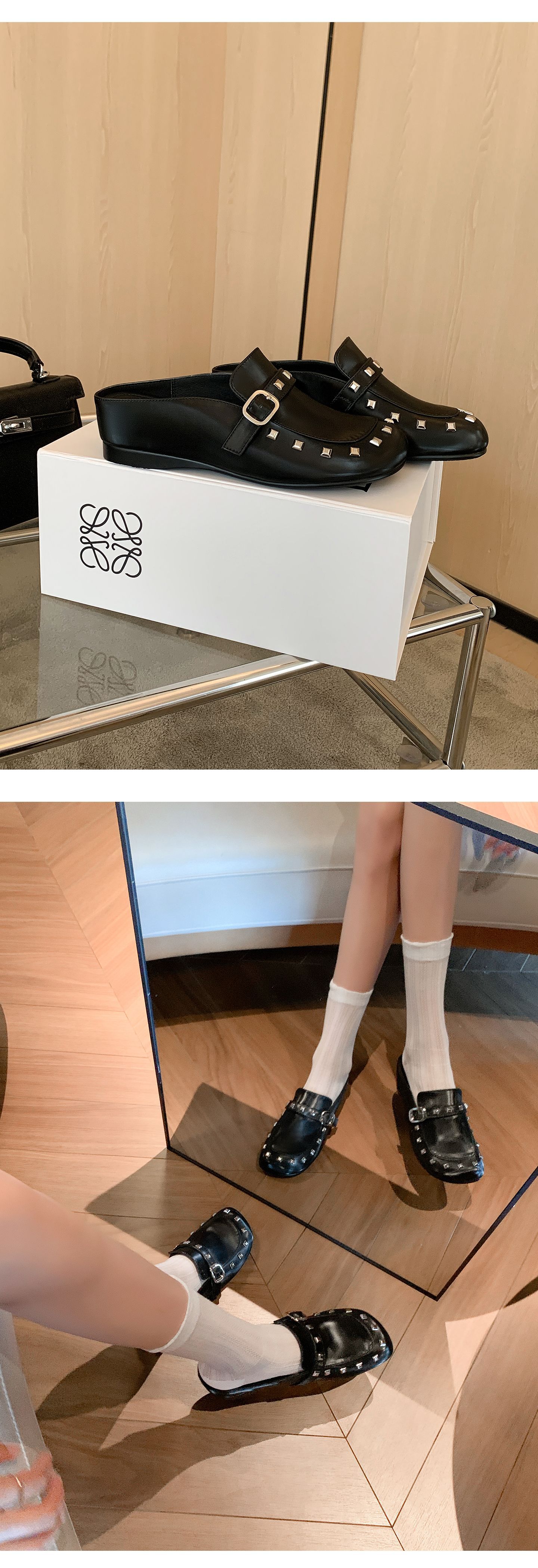 Mule nữ bít mũi đế tăng 4cm đinh tán – giày hè một bước xỏ — màu đen, màu hồng chi tiết 11