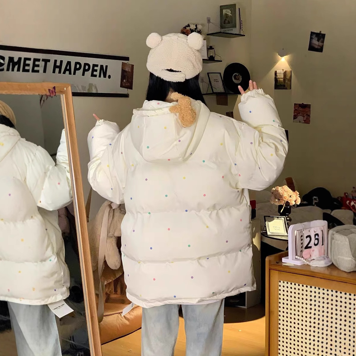 Bonito oso ondulado punto chaqueta de algodón encapuchado hembra 2024 invierno nuevo tipo grueso cálido pequeño chaqueta de algodón suelta