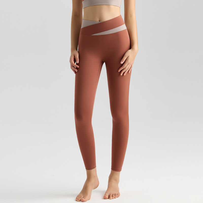 LAHN color cruzado cintura cabeza pantalon alto cintura elevación de cadera adelgazamiento nueve puntos para correr V cintura pantalones de fitness de plástico