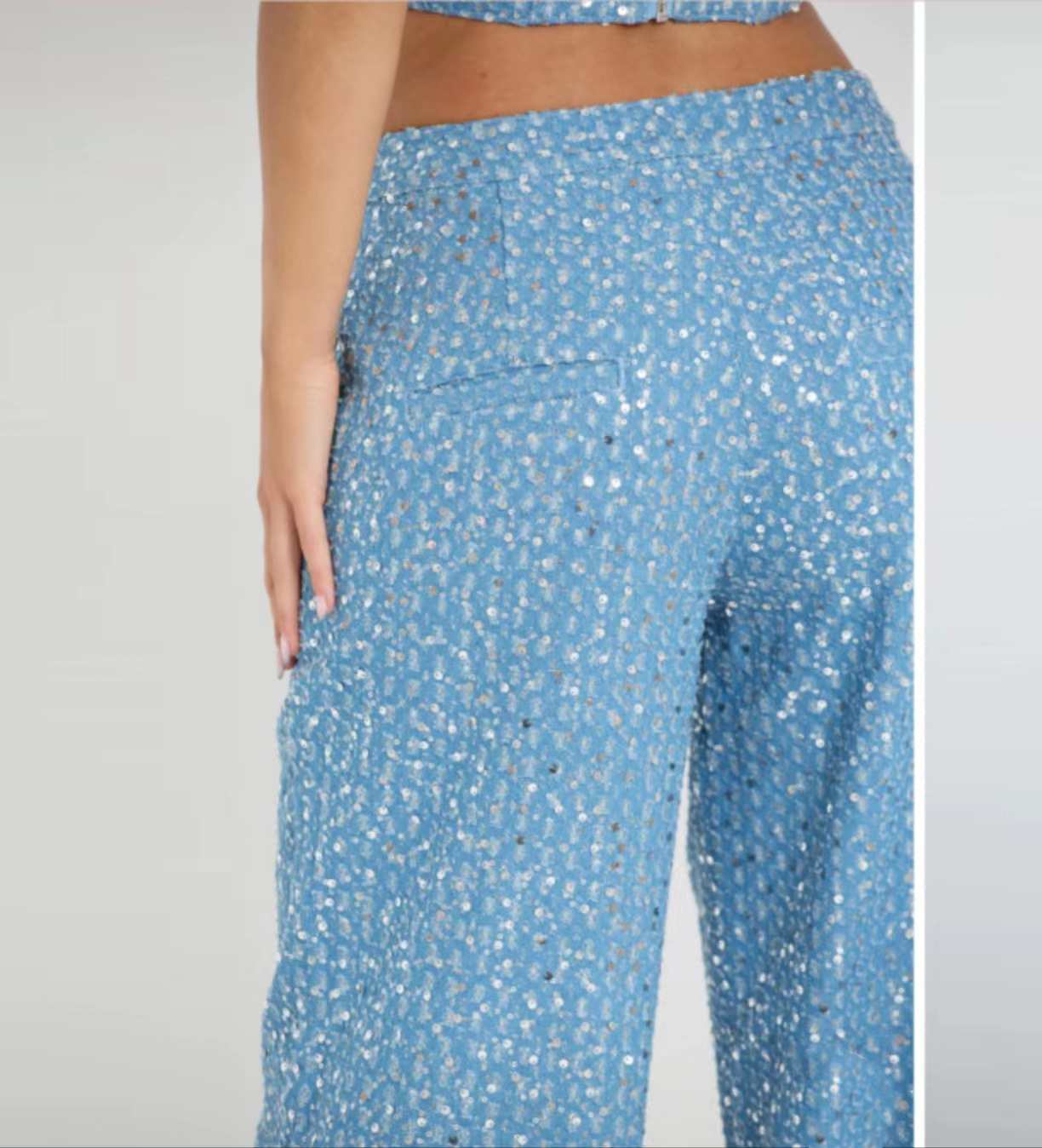 Spring Summer Denim Sequ Tube Top Wide Leg Pants Suit