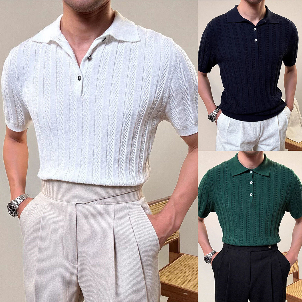 Polo camiseta de punto camiseta de manga corta hombre hueso de pescado estampado antiguo viento delgado camiseta de hielo seda de verano fábrica transfronteriza al por mayor