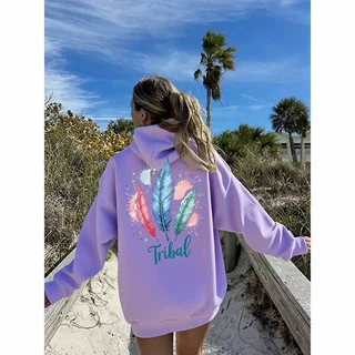跨境外贸连帽卫衣女后背羽毛印花时尚上衣temu亚马逊wish