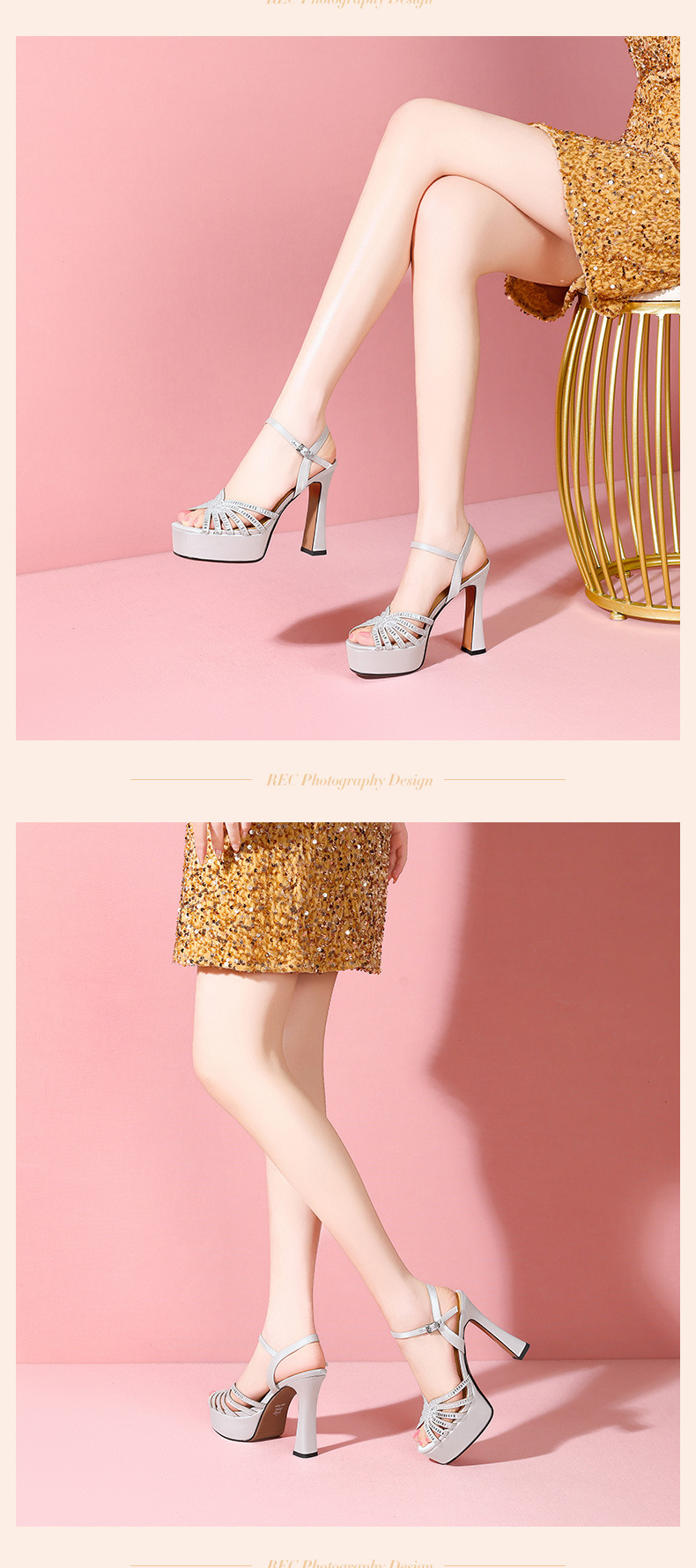 Sandal cao gót nữ hở mũi đính đá, gót vuông platform, da thật — Champagne màu chi tiết 7