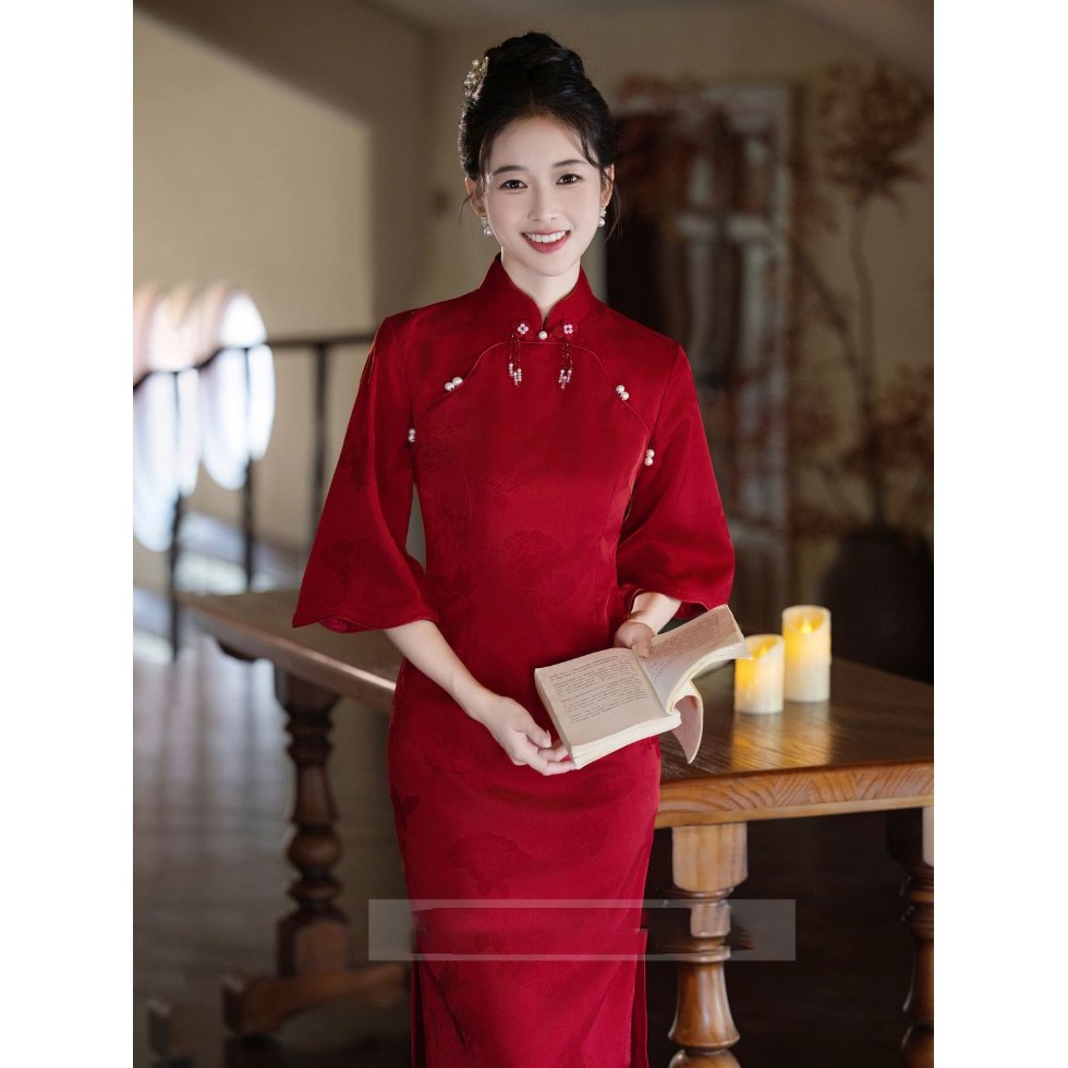 Red Cheongsam Toast Dress for Bride 2025 New Autum Engagement Dress for Women New Chinoiserie Dress with Elegant Elegant