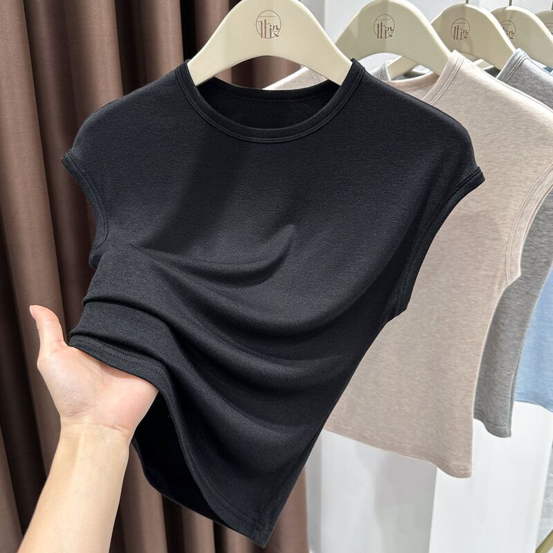Soft and smooth skin mask effect round neck flutter sleeve t-shirt for women, 2026 summer new style, breathable, fashionable, slim-fit inner top Soft and smooth skin mask effect round neck flutter sleeve t-shirt for women, 2026 summer new style, breathable, fashionable, slim-fit inner top