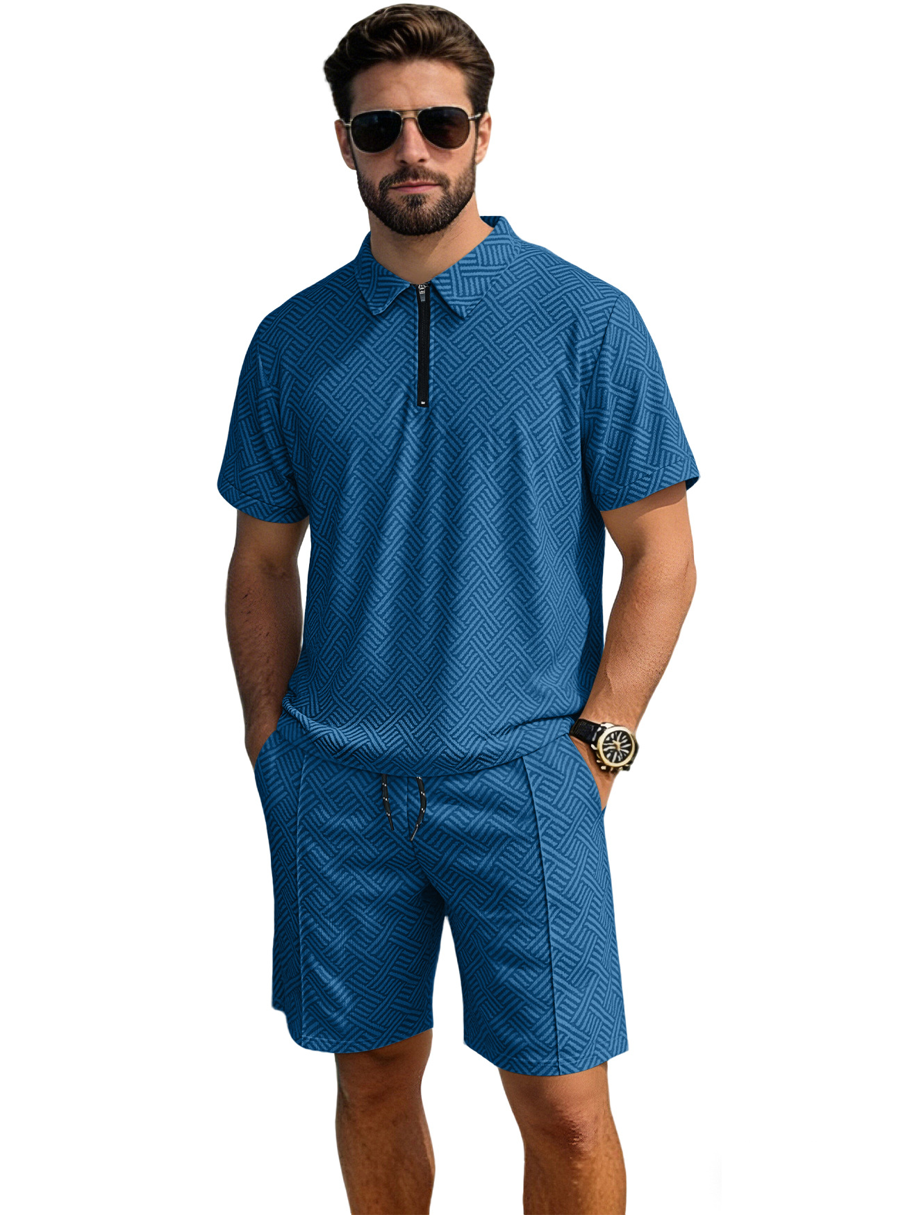 Verano transfronterizo nuevo hombre venta de cremallera manga corta polo vacaciones ocio comercio exterior manga corta set