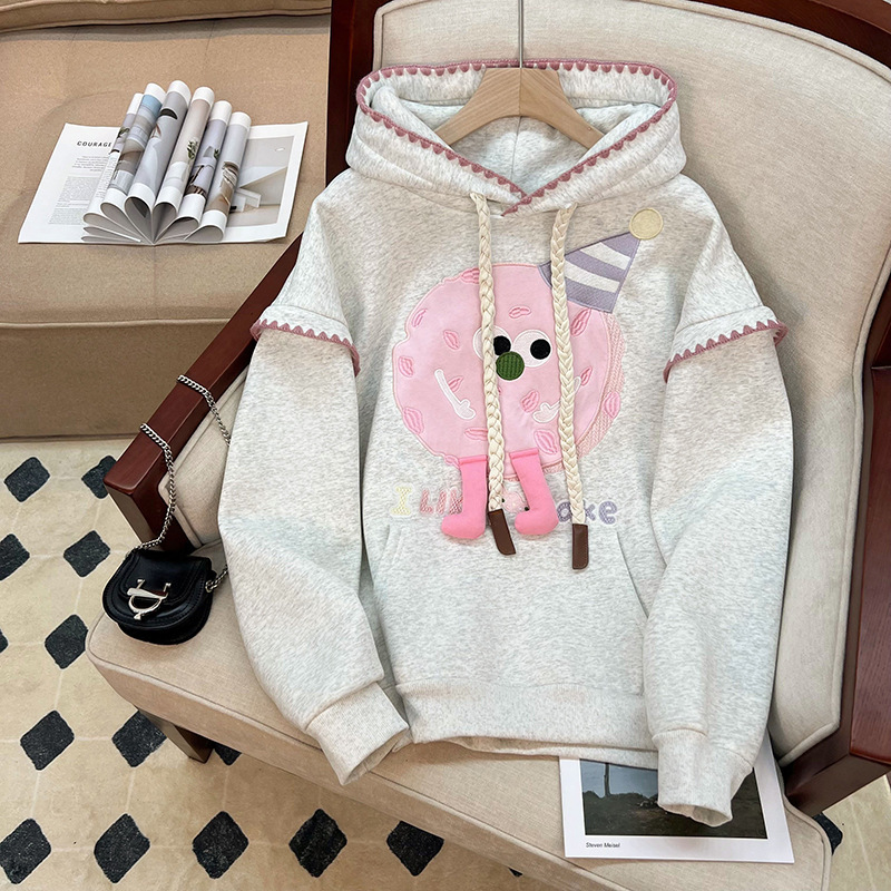 设计感灰色连帽卫衣女秋冬加绒加厚可爱趣味玩偶美式复古套头上衣|undefined