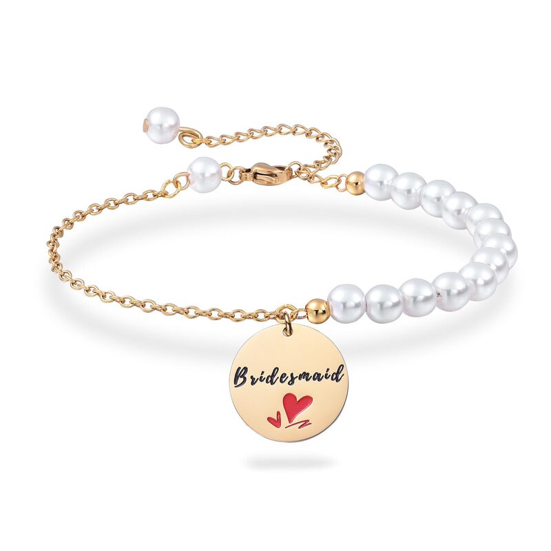 Stainless Steel Pearl Bracelet Gold Titanium Steel Round Pendant Engraved Bridesmaid Gift Adjustable Pearl Round Pendant Bracelet