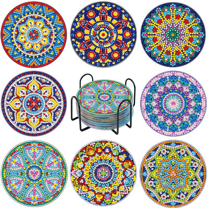 Posavasos de pintura de diamantes de diamantes de diamantes completos transfronterizos hechos a mano almohadilla de aislamiento térmico de diamantes de punto de acrílico redondo de bricolaje fondo de corcho antideslizante posavasos