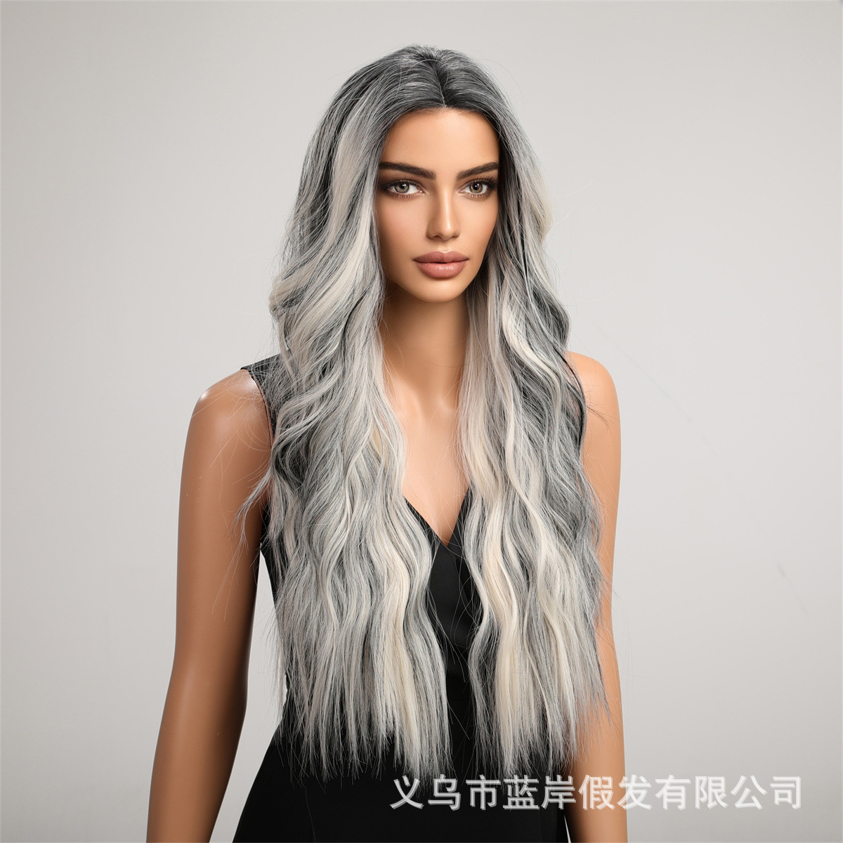 Peluca transfronteriza europea y americana para mujer, cubierta completa para la cabeza, parte media tejida a mano, color tinta, cabello largo y rizado de moda, pelucas de cabello de fibra química