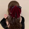 61# Burgundy Velvet (Pearl) Ribbon Ponytail Clip