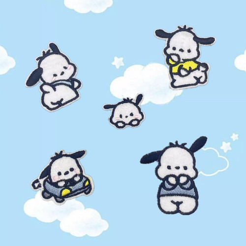 Embroidered patch with cute cartoon Pacha dog design, self-adhesive, for clothing, bags, and decorative patches.