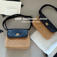 25a新款小香风麂皮拼接中古vantage口盖包真皮菱格单肩斜挎小方包