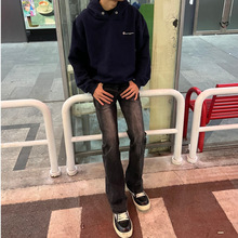 爆款美式百搭潮流黑灰扎花工艺微喇裤子牛仔裤休闲百搭学生长裤