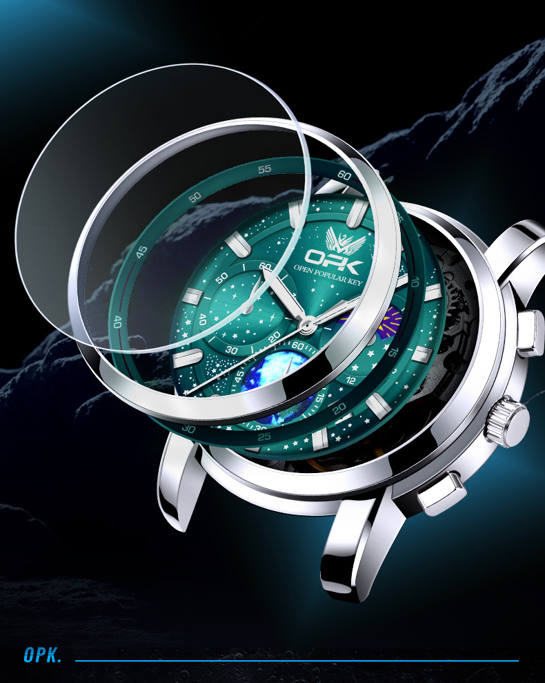 Opk Men's Quartz Watch Moon Phase Chronograph Glow Dial Wristwatch_voghion.com