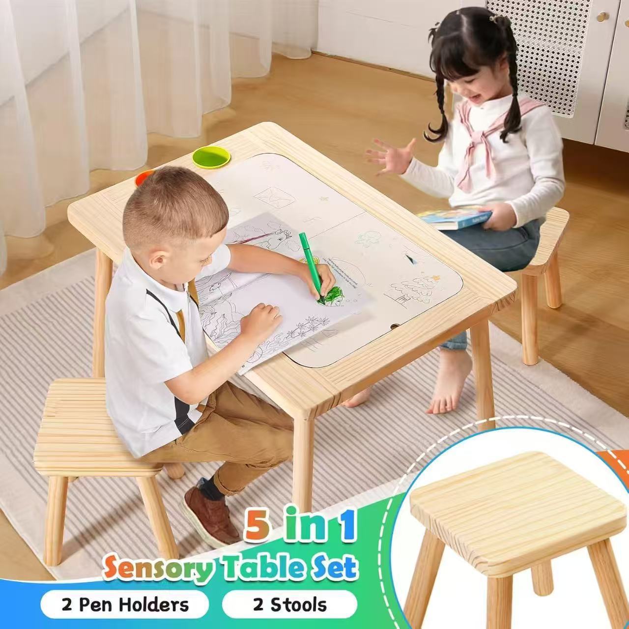 Wooden Children's Sensory Table and Chair Set Multi-Functional Kindergarten Learning Early Education Building Block Table Solid Wood Multi-Purpose Game Table
