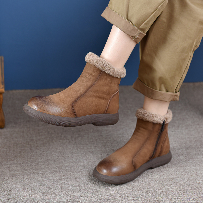 Autumn And Winter Top-layer Cowhide High-top Shoes For Women,Lamb Velvet Lining And Velvet Casual And Versatile Mid-calf Short Bootsy