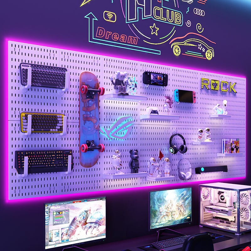 E-Sports Room White Perforated Board, Punch-Free Wall Hanging Board, Computer Desk Peripheral Headphone and Mouse Storage Display Stand