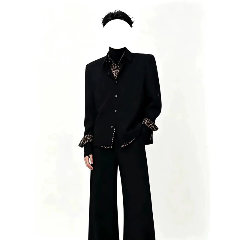 Black faux two-piece leopard print shirt, men's pure desire style, trendy streetwear, long-sleeved shirt, sensual top