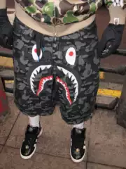 High version insbape collaboration shark print denim shorts for summer loose casual trend, unisex