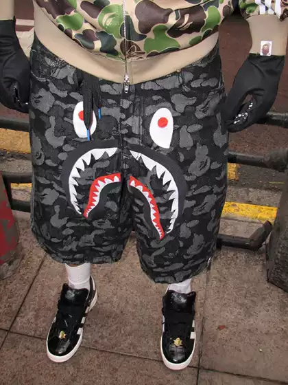 High version insbape collaboration shark print denim shorts for summer loose casual trend, unisex