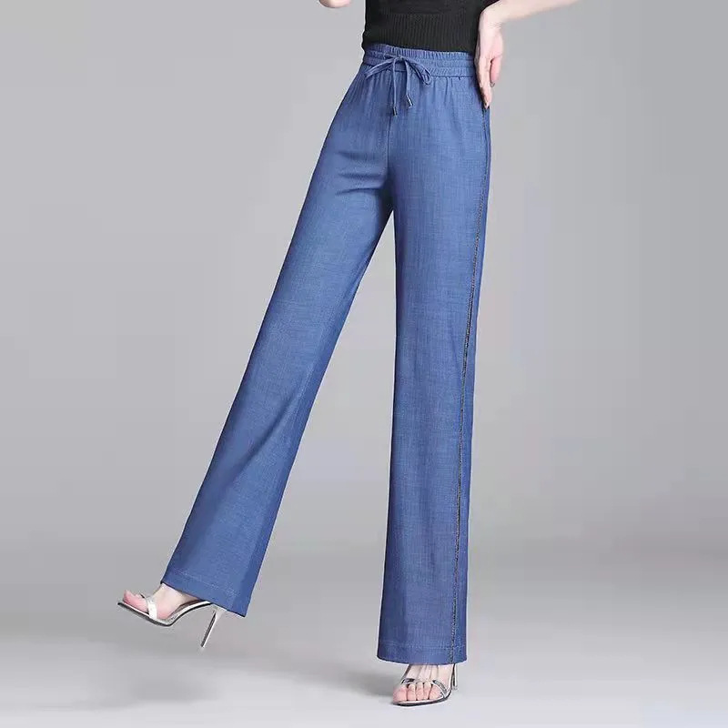 Ice Silk Denim Wide Leg Pants Women's Summer Thin Mom Pants High Waist Draping Straight Pants Loose Cropped Pants for Women