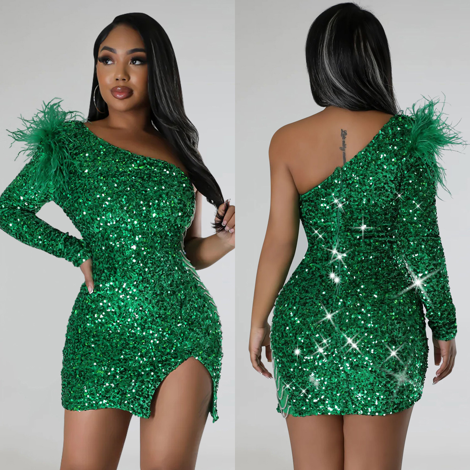 C6719 transfronterizo AliExpress Amazon moda europea y americana de las mujeres sexy de un solo hombro con lentejuelas vestido de cadera dividida image 4