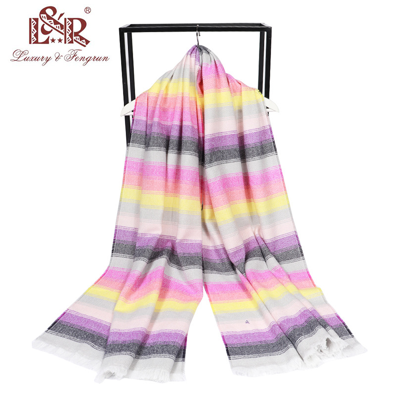 仿羊绒彩虹横条渐变色加厚保暖女披肩秋冬新款欧美风厂家发货