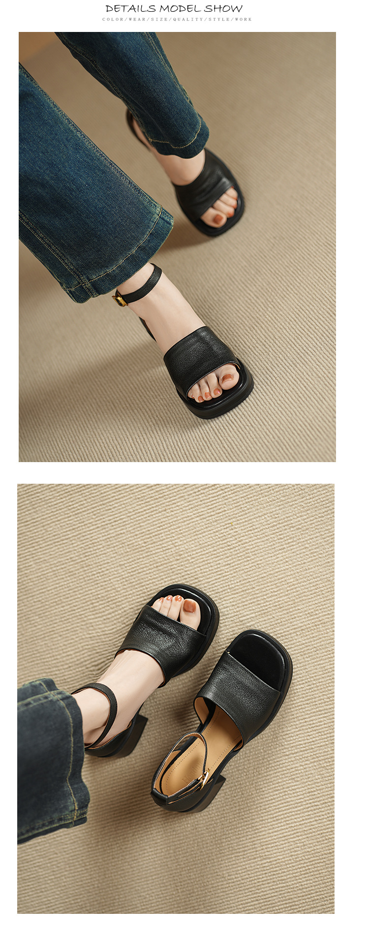 Sandal cao gót nữ hở mũi quai ngang khóa, da dê cao cấp, gót vuông ổn định — đen chi tiết 7