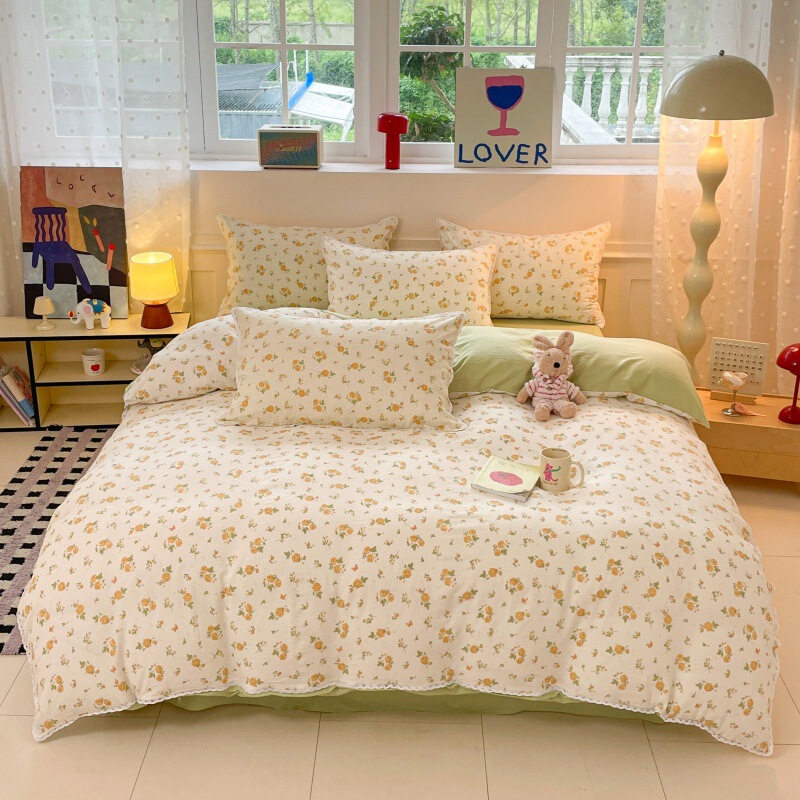 Cross-border jacquard double-layer gauze printed floral four-piece bedding set, including bed sheet, duvet cover, and fitted sheet, for export and e-commerce wholesale