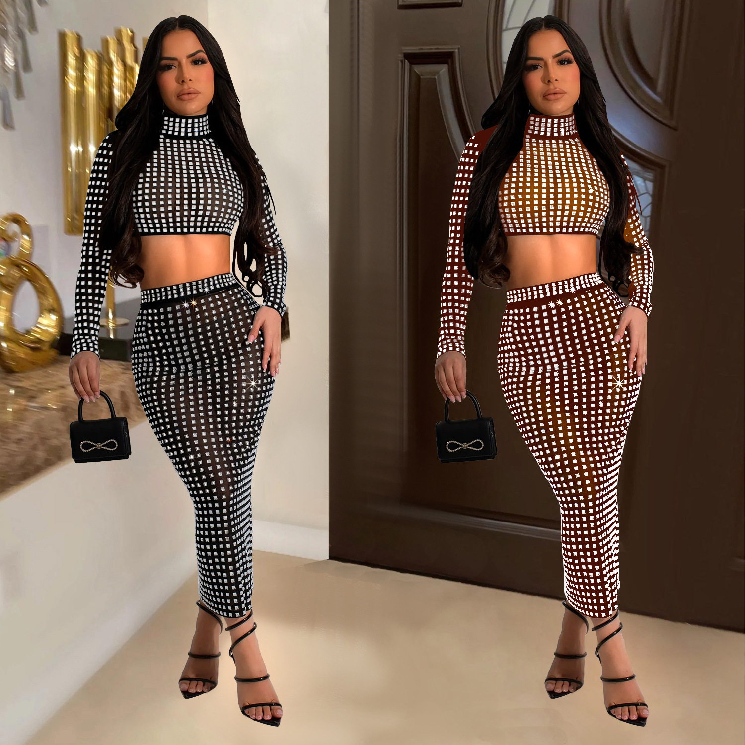 C6946 Cross-border AliExpress Amazon Independent Station Falda de dos piezas de malla de diamantes calientes de color sólido para mujer de moda europea y americana