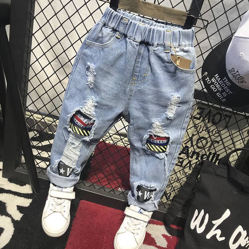 Boys' Jeans Korean Style Spring and Autumn New Children's Korean Style Ripped Skinny Pants Cartoon Casual Long Pants Trendy