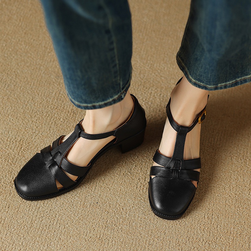 Sandal nữ quai chữ T da cừu rỗng gót xuồng 5 cm — Màu be