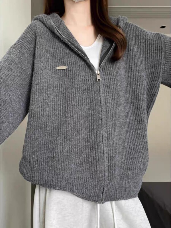 韩版灰色连帽针织开衫女秋冬新款慵懒风宽松毛衣外套百搭拉链上衣|undefined