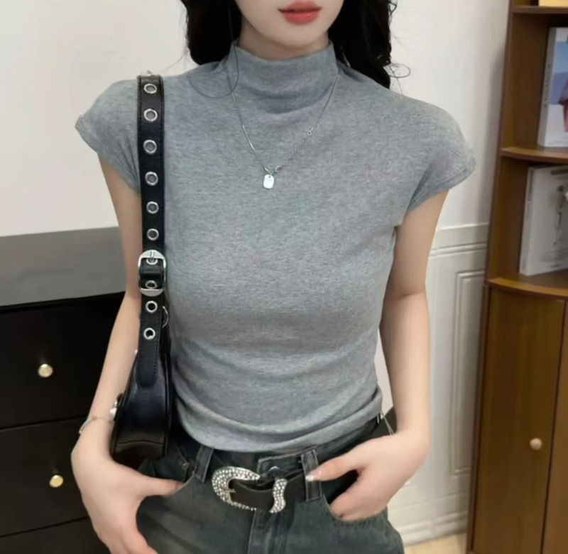 2025半高领短袖T恤女时尚纯色韩版显瘦早秋打底衫内搭女上衣显瘦|undefined