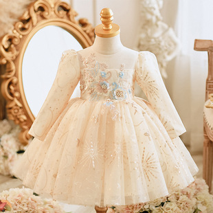 Long-Sleeved Kidsren's Dress Skirt Summer Long-Sleeved One-Year-Old Baby Girl Birthday Party Skirt Birthday Clothes Princess Skirt