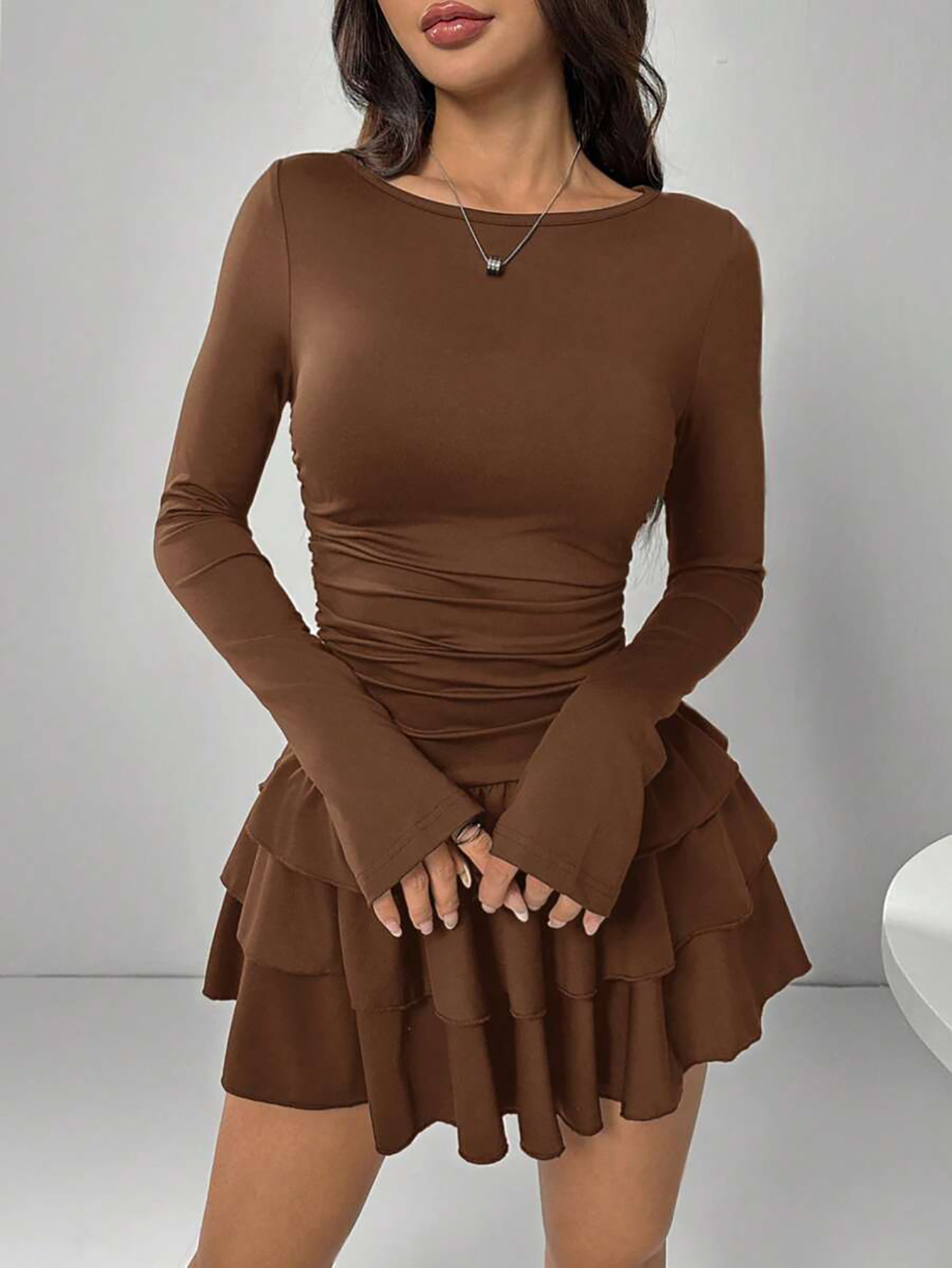 Women's Solid Color Slim Fit Ruffled Panel Long Sleeve Bodycon Mini Dress – Elegant Casual Gown_ecoleips.com