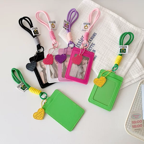 Ins-Style Solid Color Pu Card Holder with Heart-Shaped Pendant, Idol Photo Card Protector, Dual Card Slots, Backpack Accessory