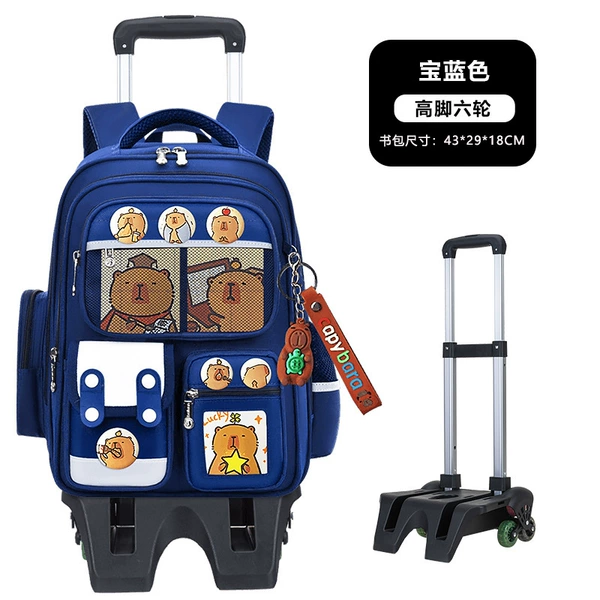 Blue backpack, suitcase on wheels