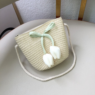 2025 New Summer Children's Versatile Crossbody Cartoon Coin Purse Beach Straw Bag British Retro Bow