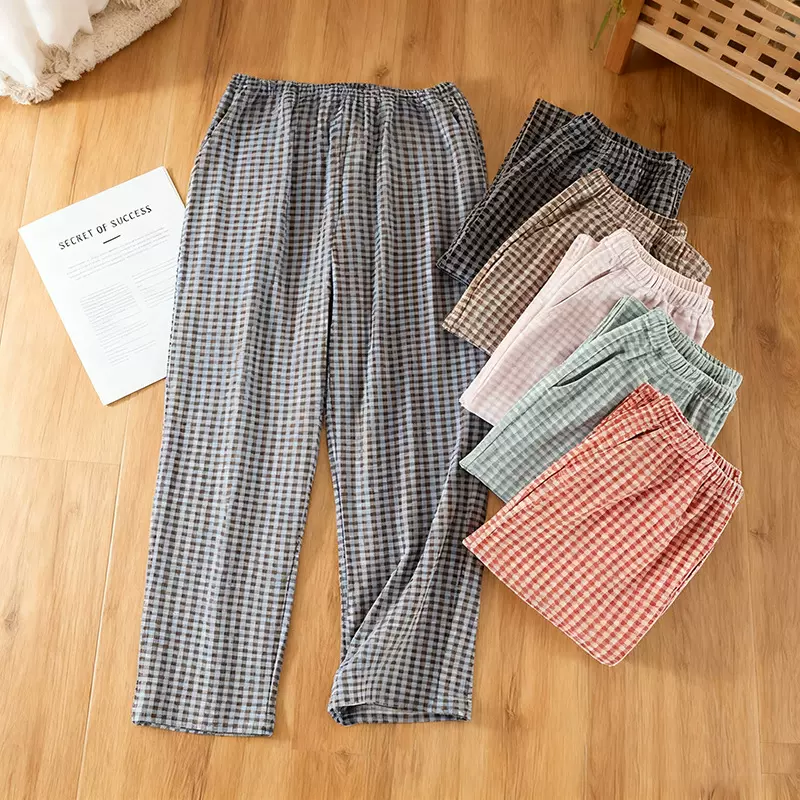 新款女士秋冬款德绒小格睡裤舒适简约可外穿德绒无印格子家居长裤