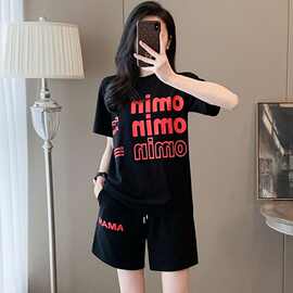 跨境外贸仿棉休闲运动套装女夏季2025新款减龄黑色短袖T恤短裤潮