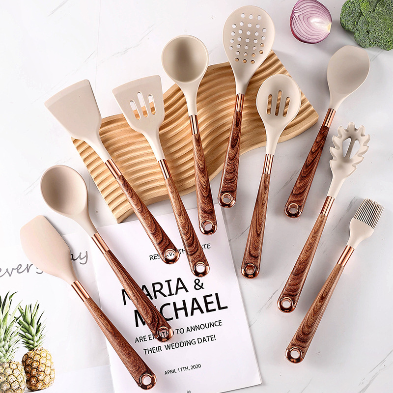 Cooking silicone kitchenware 10-piece set food-grade temperature-resistant spatula and spoon kitchen non-stick spatula and spoon set with storage bucket