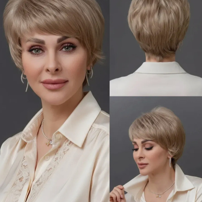 European and American Style Women's Fashion Gray and White Mixed Color Short Curly Wig with Side Bangs, High-Temperature Fiber, Fluffy Wig Set
