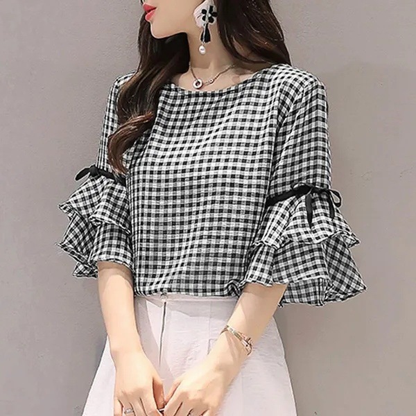 Cross-border AliExpress new women's ruffled hem sleeve party ladies holiday plaid shirt top
