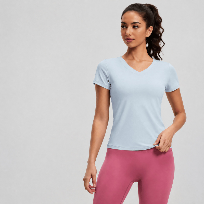 New Peach-Colored Basic V-Neck Short-Sleeve Sports Fitness Running Breathable Slim-Fit Yoga Top for Women