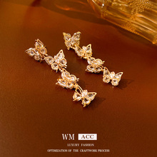 金色锆石耳环轻奢 长款蝴蝶流苏银针耳坠 时尚百搭高级感耳饰批发