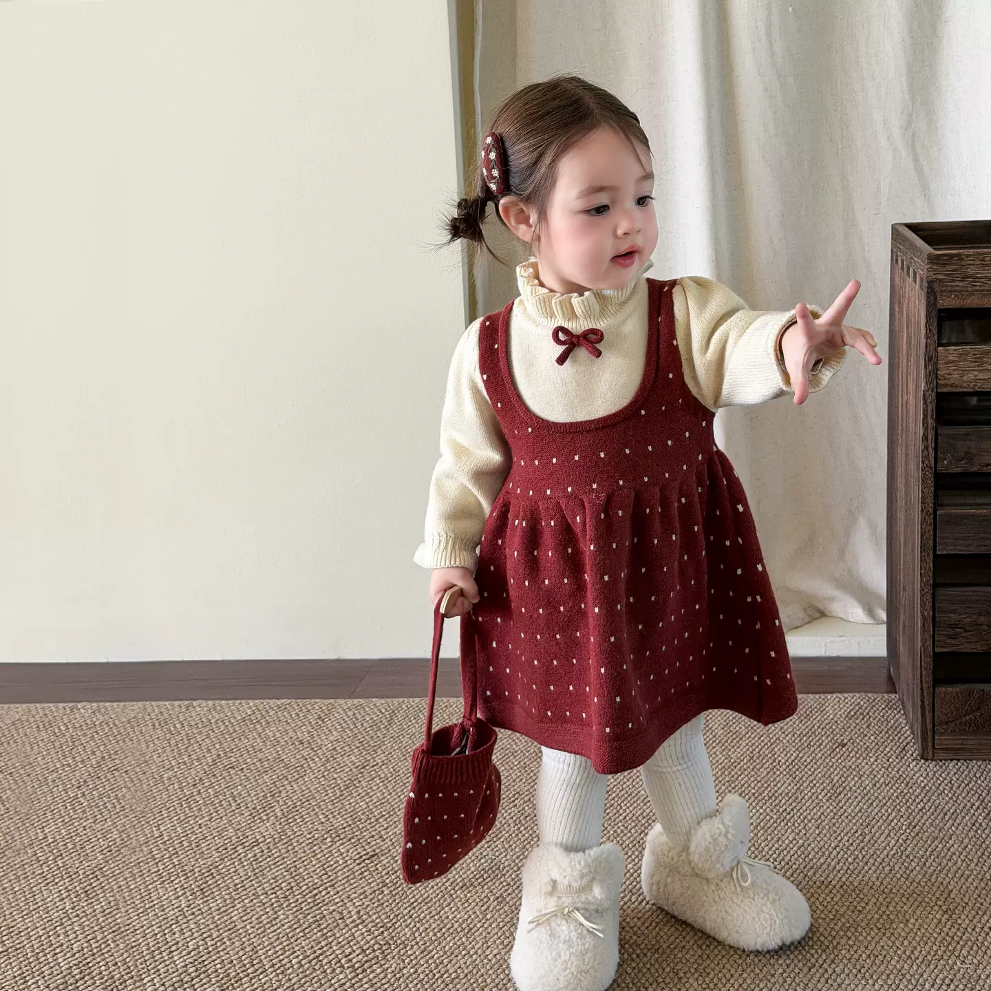 维木童装女童连衣裙冬装加厚假两件儿童公主裙毛衣裙婴儿女宝裙子