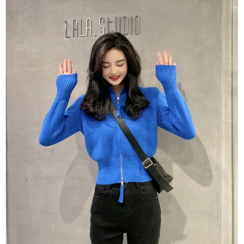 克莱因蓝小个子短款毛衣外套女连帽双拉链设计感修身显瘦针织开衫