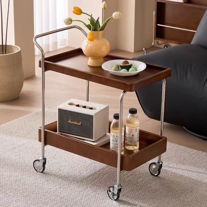 Simple Modern Sofa Side Table, Mid-Century Style Stainless Steel Movable Household Trolley, Living Room Storage Cart